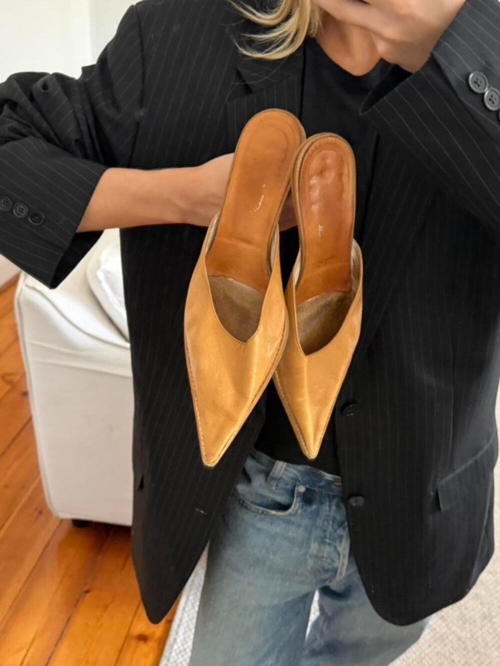 Leather Tan Heeled Mules